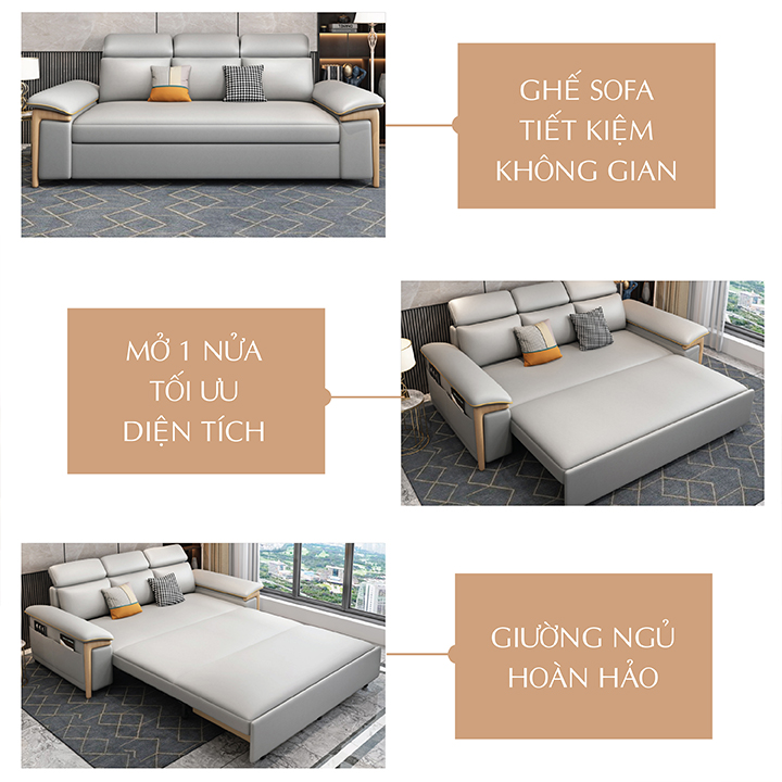 Giường Sofa Vải Sợi Nano Cao Cấp - Ghế Sofa Giường Đa Năng Có Ngăn Chứa Đồ, Khung Thép Chống Gỉ : KT 1M60 X 1M95