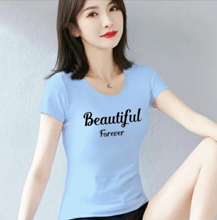Áo thun nữ MXM cổ tròn form ôm body tôn dáng in chữ Beautiful mặc tôn dáng từ 40-52kg