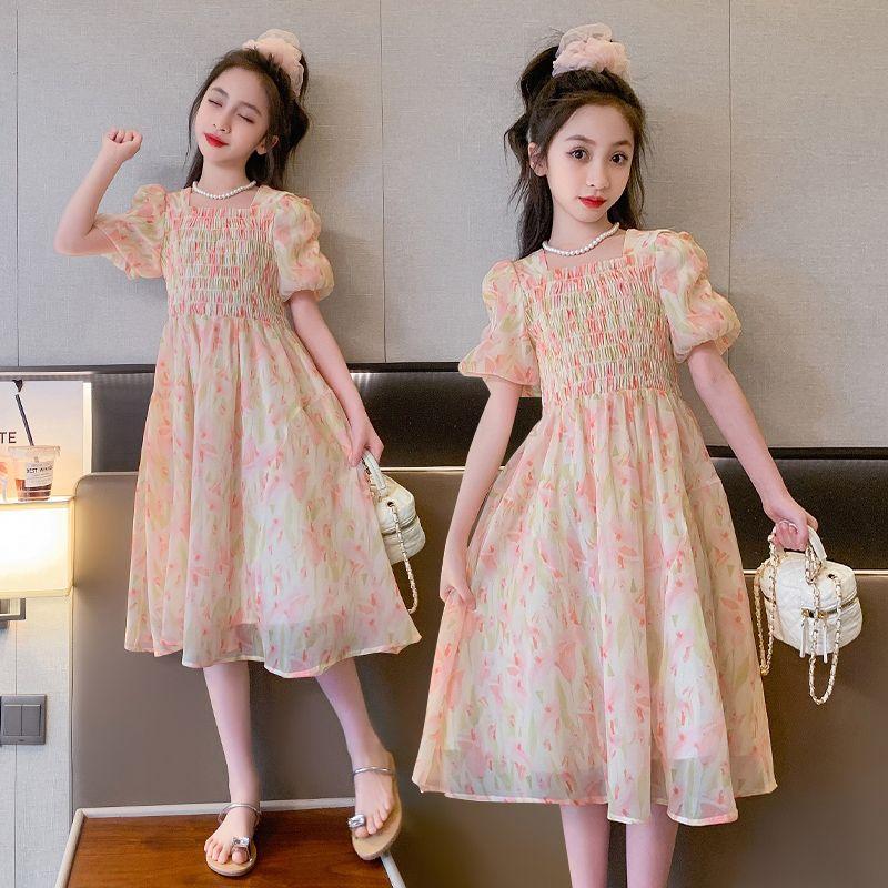 DONGSHOP HOT Cô gái váy mùa hè phong cách phương Tây 2023 Big Boy váy mùa hè chiffon đầm mùa hè cô gái mảnh hoa công chúa váy