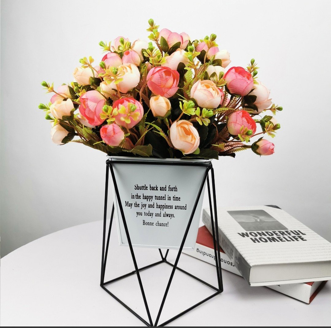 Hoa lụa, 10 bông hoa hồng trà Rose cao cấp kèm lá và cỏ điểm trang trí phòng khách, văn phòng công ty sang trọng HT-10