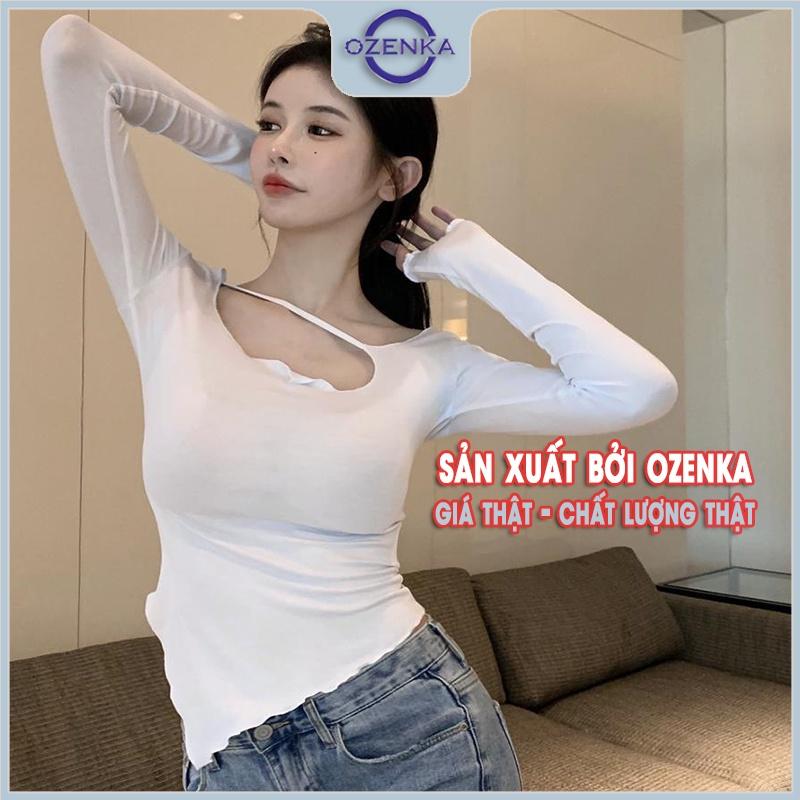 Áo thun nữ ôm vạt nhọn tay dài cổ rộng OZENKA , ao phông kiểu body gợi cảm 100% cotton màu đen trắng size 55 kg