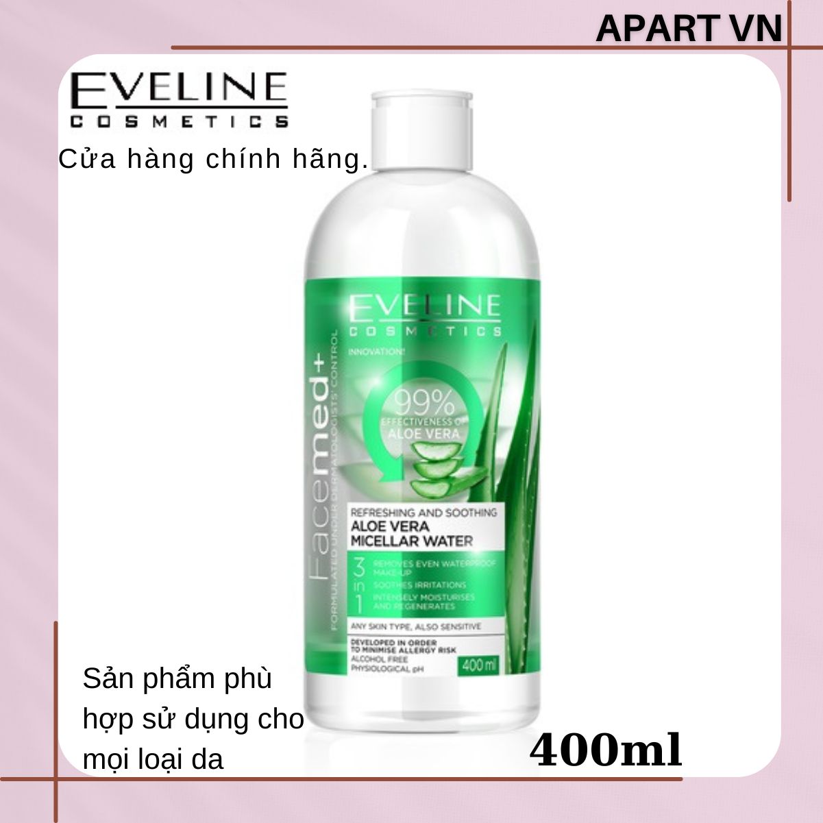 Nước tẩy trang làm dịu mát da 3 trong 1 chiết xuất Lô hội Facemed Eveline 400ml