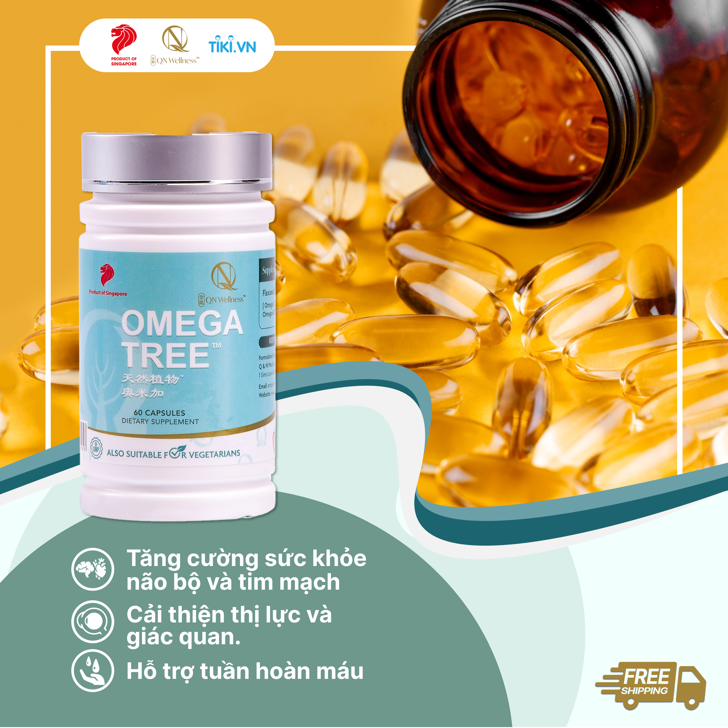 Viên Uống Omega-3 Thực Vật Omega Tree QN Wellness Thuần Chay Chiết Xuất Từ Dầu Hạt Lanh, Hỗ Trợ Sức Khỏe Tim Mạch & Làn Da - Hộp 60 Viên