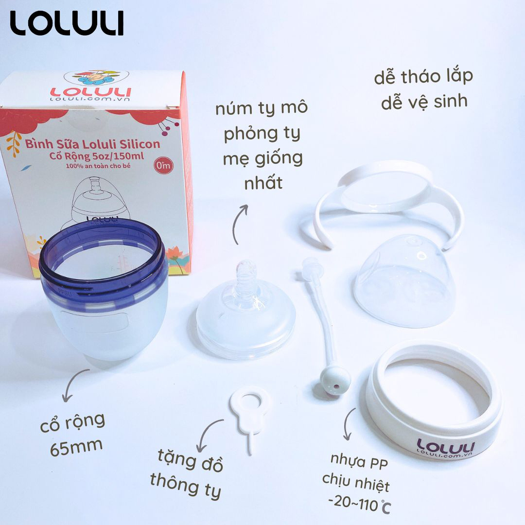 [KHÔNG BAO GỒM ĐẦU MUỖNG VÀ TY ỐNG HÚT] Bình sữa Loluli silicon siêu mềm cho bé chống sặc có ống hút 360 độ có quai 150ml
