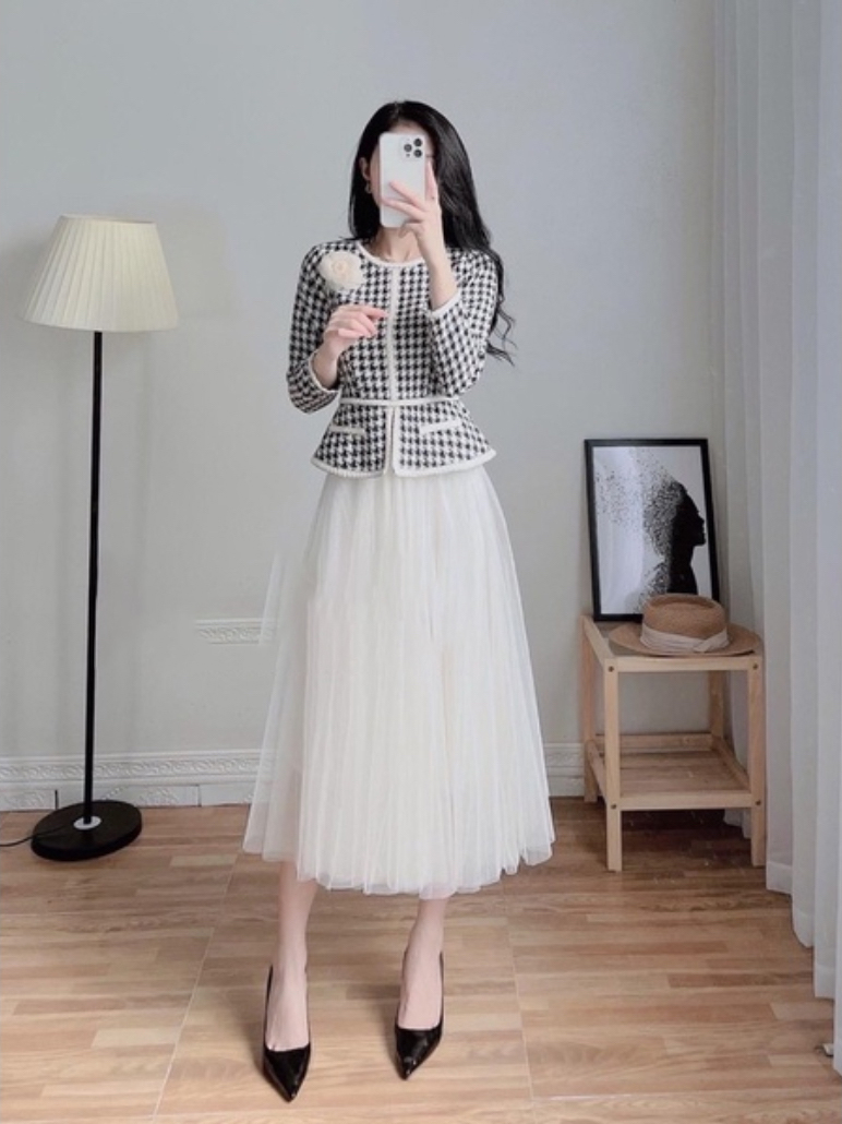 Áo dạ tweed trắng đen peplum công sở hàn quốc sang chảnh tay dài zíc zắc cao cấp