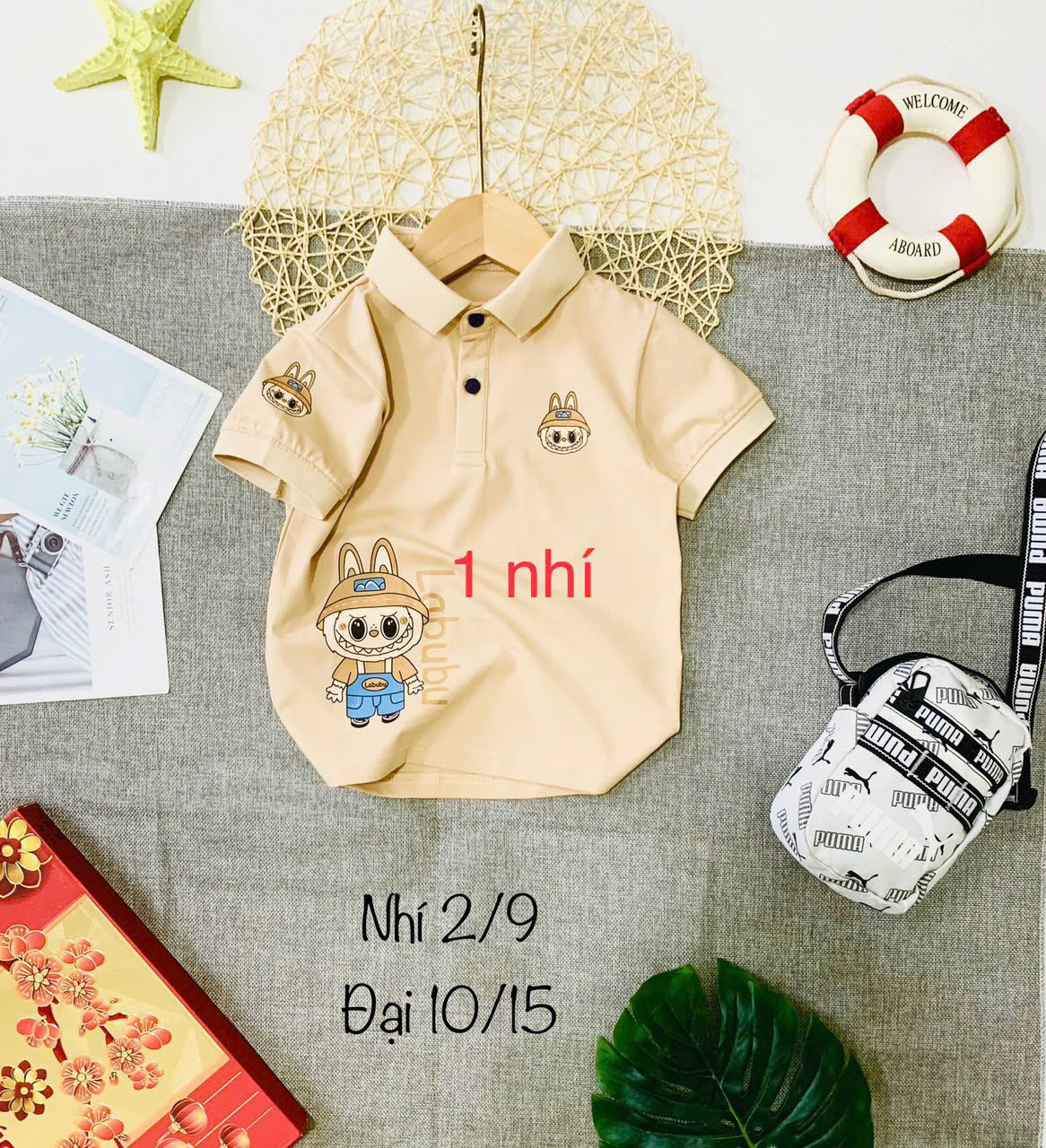 Áo thun cổ trụ hình Labubu cho bé trai size 8-27kg chất cotton 4 chiều mịn đẹp