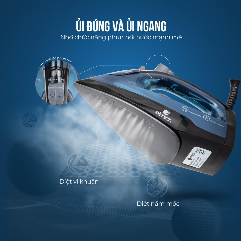 Bàn là ủi hơi nước Elmich SIE-3437OL, Hàng chính hãng, công suất 1300W, mặt đế phủ Ceramic - JoyMall
