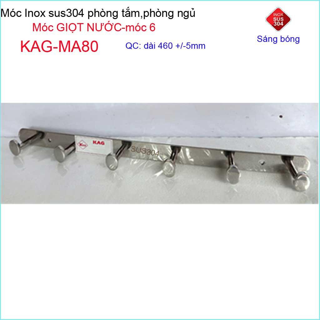 Móc giọt nước treo quần áo inox 304 cao cấp dày, móc Kace 6 móc treo đồ nhà tắm KAG-MA80