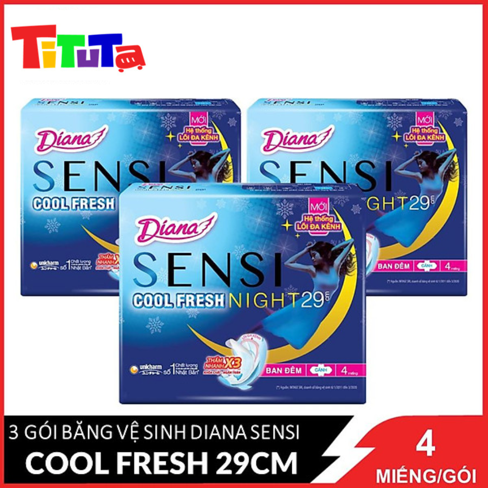 Combo 3 Băng vệ sinh Diana Sensi Cool Fresh Night 29cm 4 miếng/gói X3