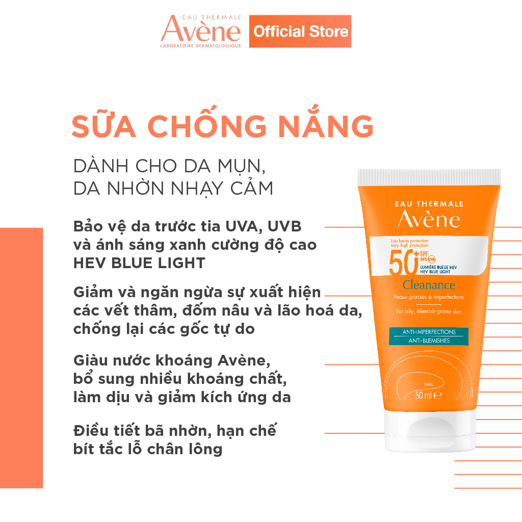 Sữa chống nắng quang phổ rộng cho da dầu mụn AVÈNE CLEANANCE PROTECT 50+ 50ml BLUE LIGHT