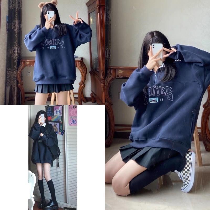 Áo Sweater Có Cổ Xanh Đen Áo Sweater Chất Nỉ Ngoại Dày Dặn Form Rộng Freesize 38-70kg