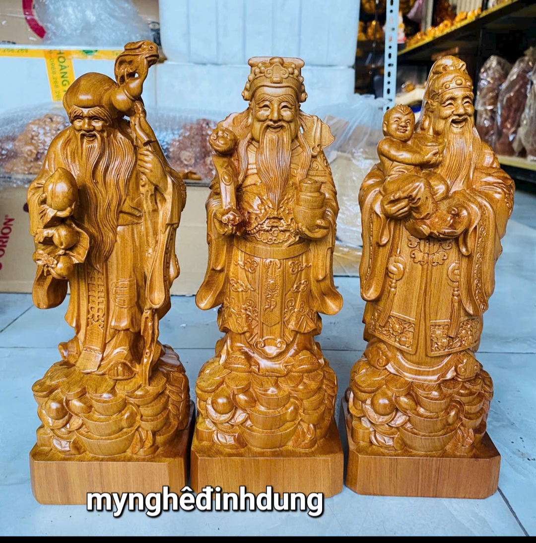 Bộ tượng tam đá phúc lộc thọ bằng gỗ bách xanh thơm nức kt cao 30x11x9cm