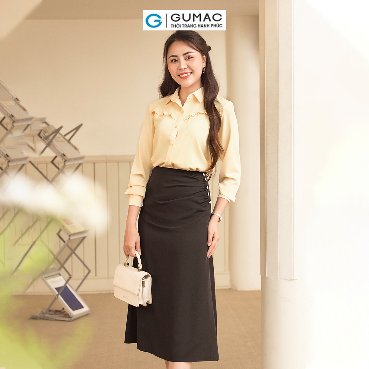 Áo sơ mi nữ tay dài phối bèo tạo kiểu nữ tính thanh lịch thời trang GUMAC AD06010