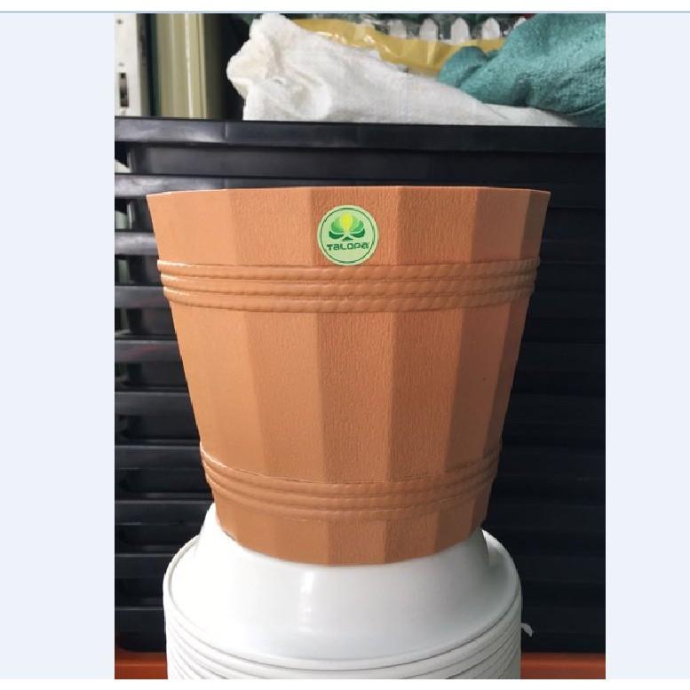 Chậu Nhựa Tròn Kiểu Dáng Thùng Gỗ, Chậu Để Bàn màu vàng
