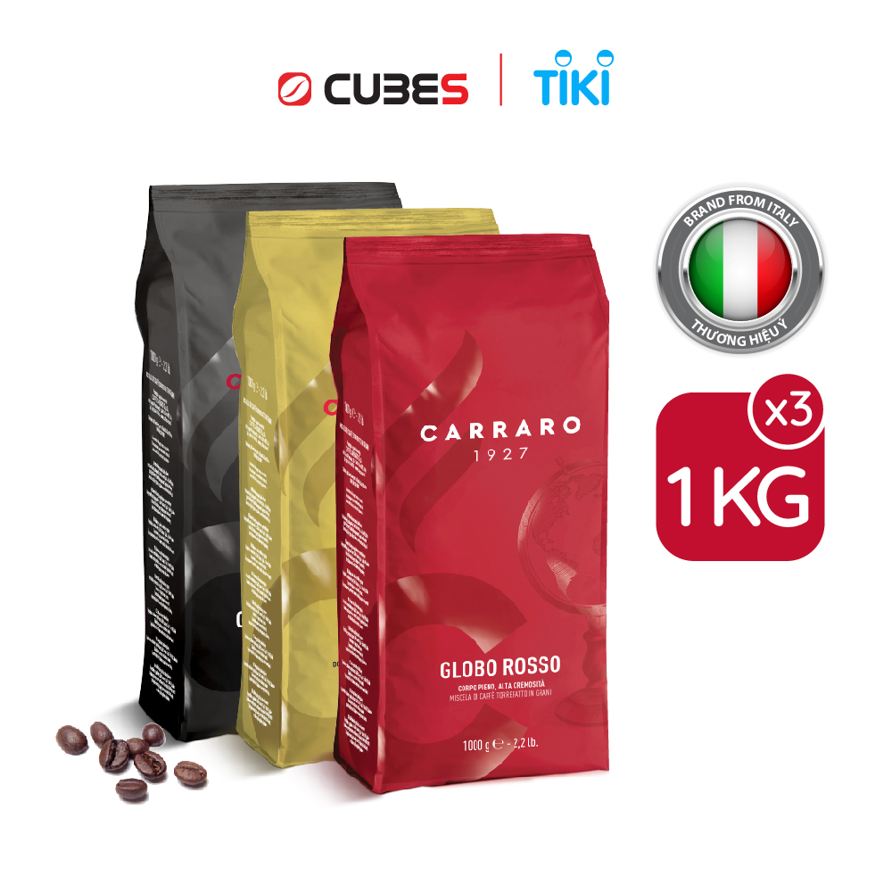 Combo 3kg Cà phê hạt Carraro Rosso, Oro, Arabica- Nhập khẩu chính hãng 100% từ thương hiệu Carraro, Ý