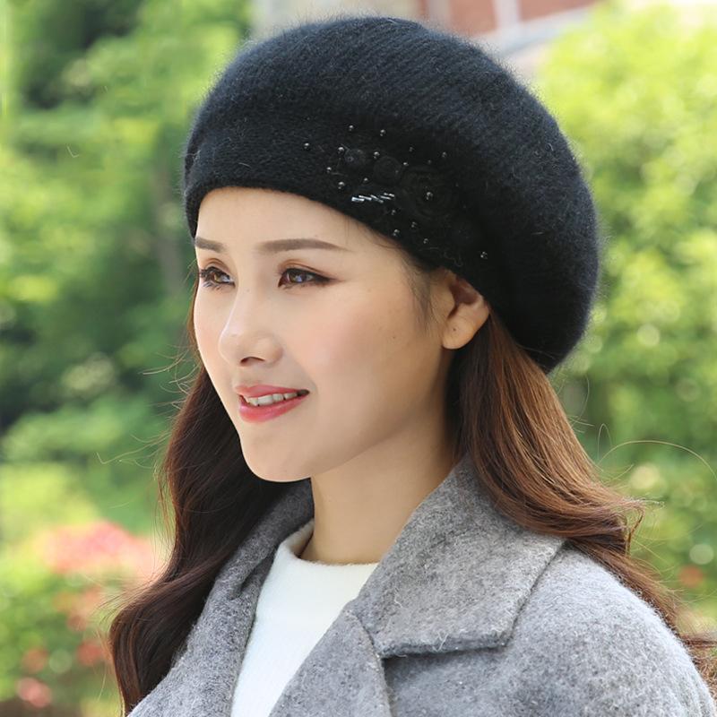 Mũ Nồi Nữ Mùa Đông Nón Angora Đan Bò Mùa Thu Ấm Hoa Hai Lớp Trượt Tuyết Nhiệt Ngoài Trời Phụ Kiện Dành Cho Nữ