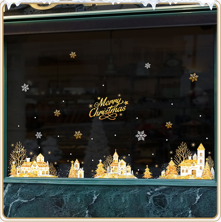 Decal trang trí noel thành phố tuyết trắng ánh vàng