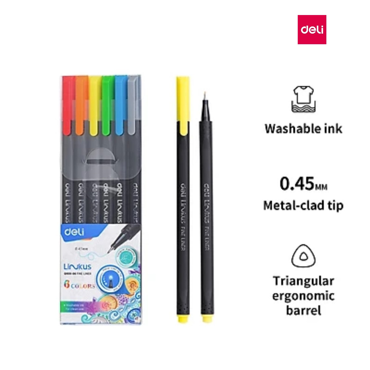 Bộ 6 bút màu liner đi nét - viết caligraphy thư pháp brush letter - Bút lông kim có thể rửa được - Ngòi bọc kim loại 0.45mm Deli - EQ900 - 6