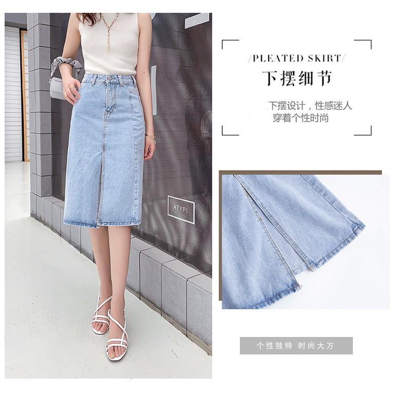 Chân váy jean dài xẻ trước cạp khóa giữa vải bò chân váy midi denim Ulzzang thời trang Banamo Fashion 562