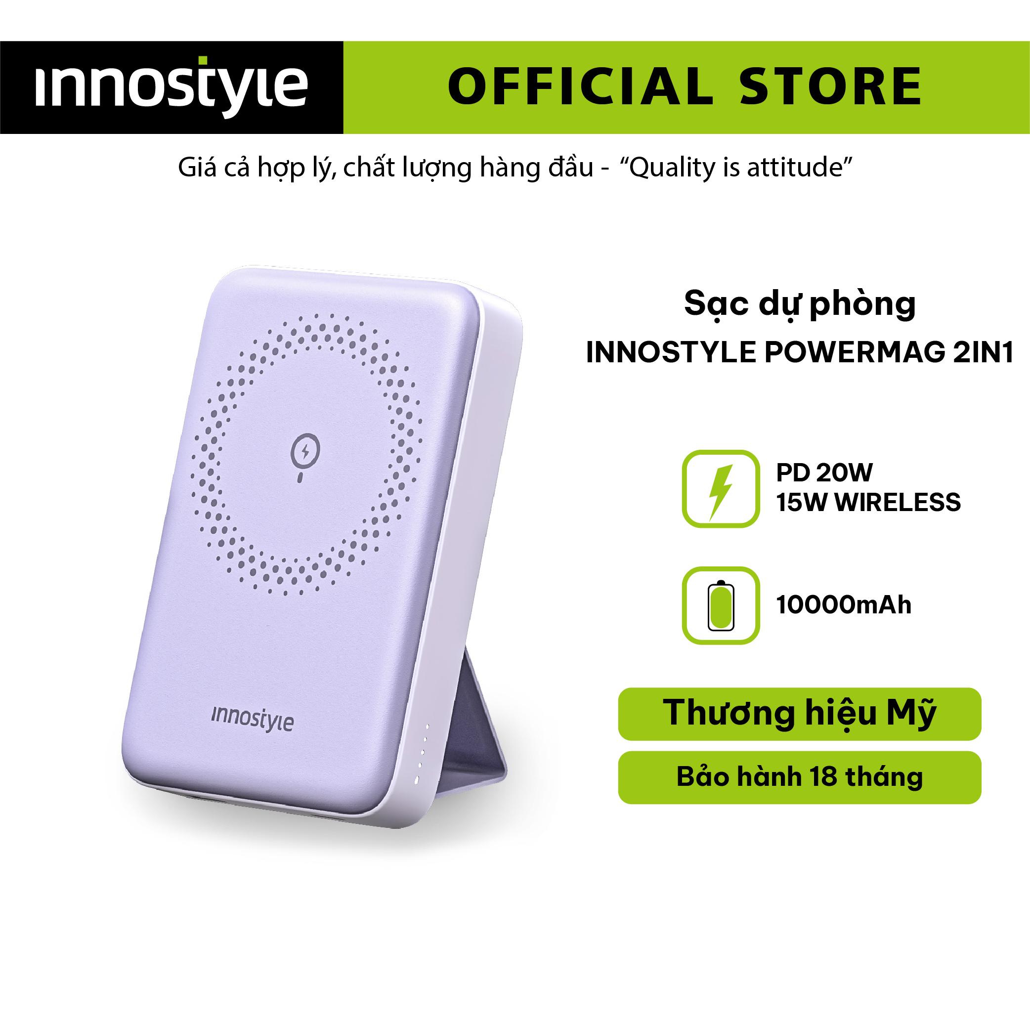 SẠC DỰ PHÒNG INNOSTYLE POWERMAG 15W 2 IN 1 STAND 10000 MAH PD 20W _HÀNG CHÍNH HÃNG