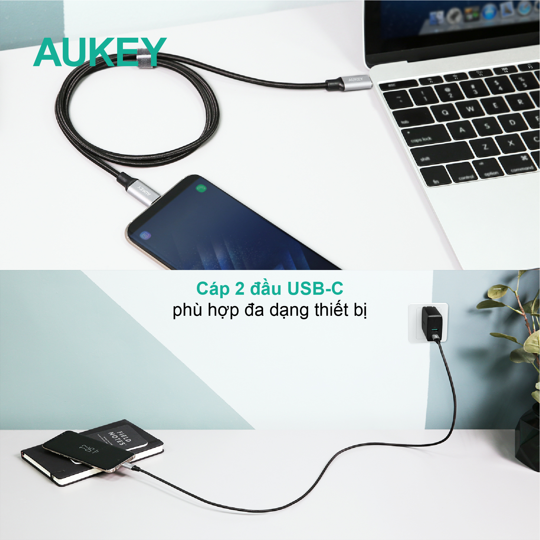 Dây cáp Aukey USB-C To USB-C 2.0 dài 1 mét Aukey CB-CD5, hàng chính hãng