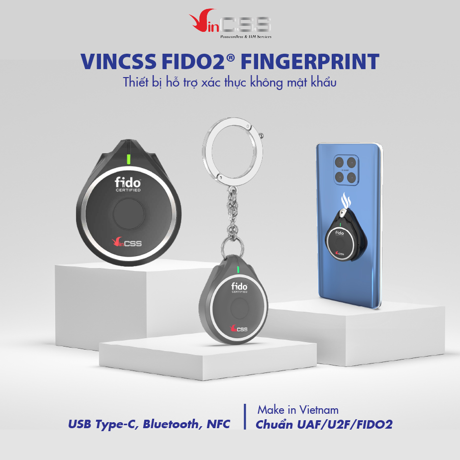 Khóa bảo mật VinCSS FiDO2 Fingerprint NFCBluetoothUSB-C - Multi Factor authentication MFA - Security Key and passkey - Chuẩn FIDO2 - Bảo vệ tài khoản online -  Hàng chính hãng - Màu Đen