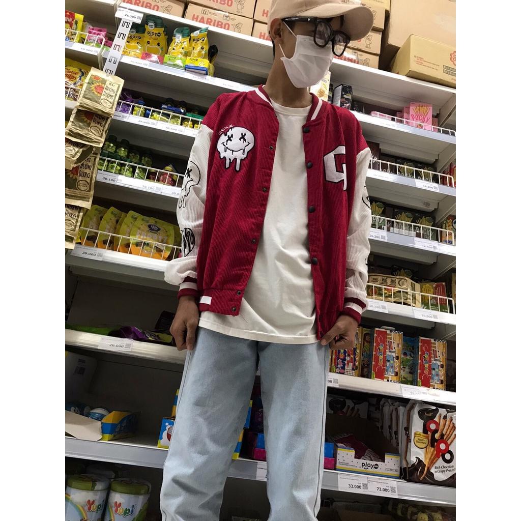 Áo Khoác Bomber Nhung Gân Tăm Thêu G-SMILE Jacket Varsity GONZZ Unisex Form Rộng Ulzzang NUPAKACHI