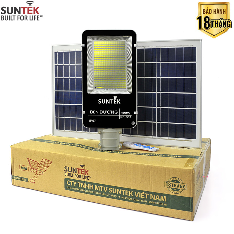 Đèn Đường Năng Lượng Mặt Trời SUNTEK Solar Street Light RD-500 500W - Sáng suốt đêm (12h liên tục) | Tự động Bật/Tắt | Điều khiển Từ xa | Chống Nước/Bụi/Va đập/Sét - Hàng Chính Hãng - Bảo hành 18 tháng