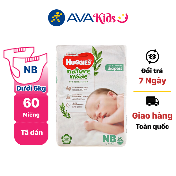 Tã dán siêu cao cấp Huggies Platinum Naturemade NB60 (dưới 5kg)