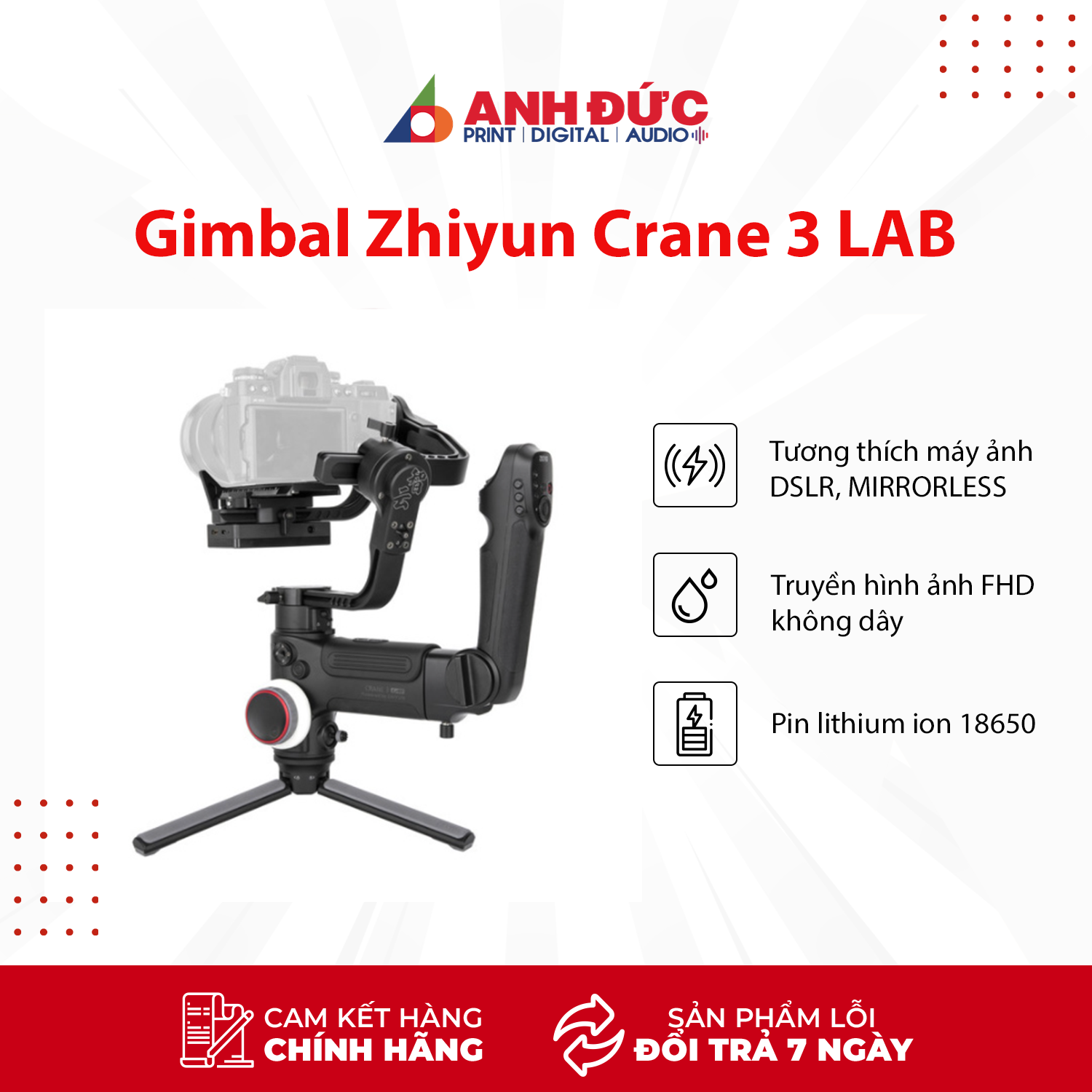 Tay Cầm Gimbal Chống Rung Cho Máy Ảnh Zhiyun Crane 3 LAB - Hàng Chính Hãng