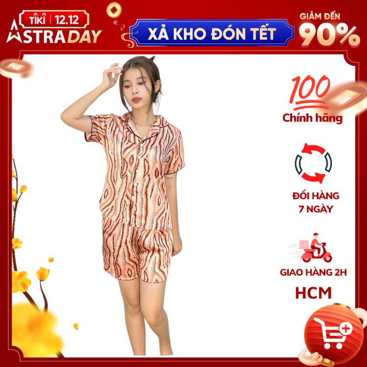 Đồ bộ Pyjama lụa, đồ mặc nhà nữ VILADY - B135 kiểu quần đùi tay cộc họa tiết vằn nâu siêu dễ thương, chất liệu lụa Pháp ( lụa latin)