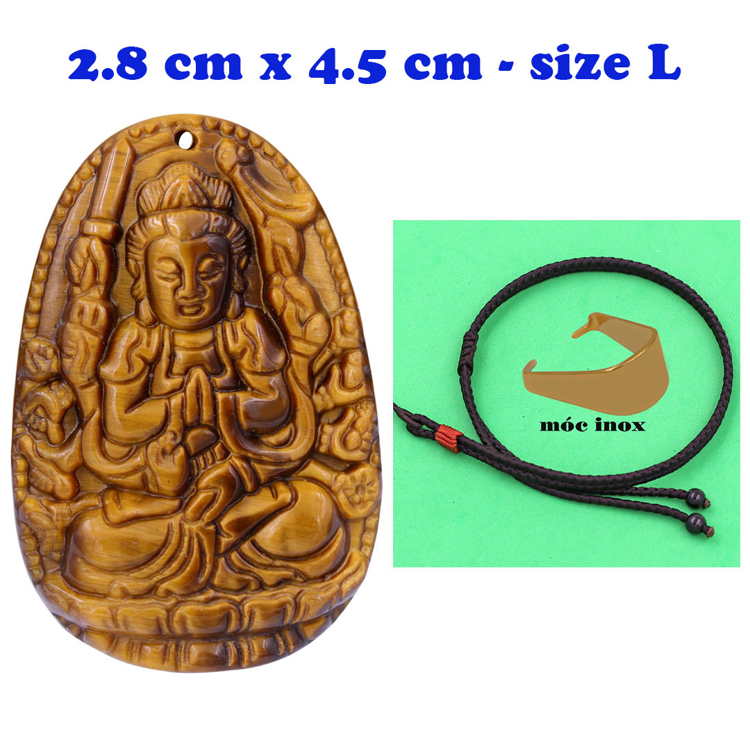 Mặt Phật Thiên thủ thiên nhãn đá mắt hổ 4.5 cm kèm vòng cổ dây dù nâu - mặt dây chuyền size lớn - size L, Mặt Phật bản mệnh, Quan âm bồ tát