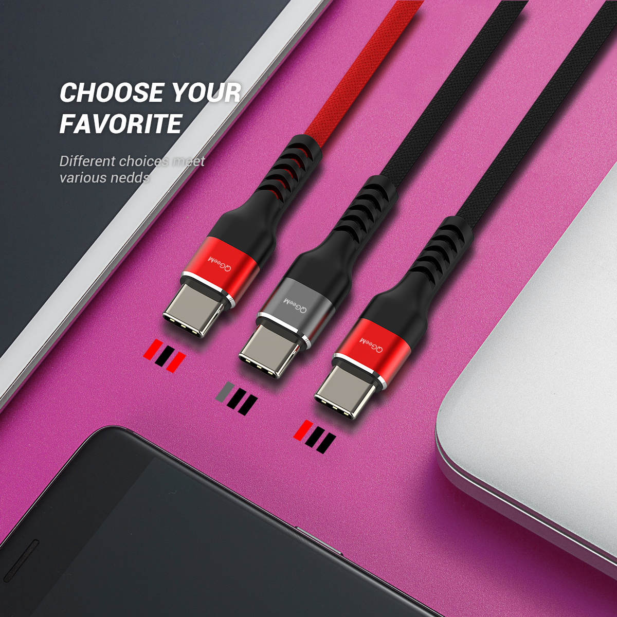 Cáp sạc nhanh QGeeM USB Type C 3A dài 2m (xám) - Hàng chính hãng