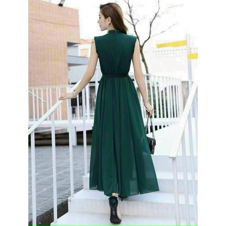 Đầm Maxi Cổ Trụ, Kèm Belt Thắt Eo, Màu Xanh Siêu Đẹp, Tôn Da, Sang Trọng