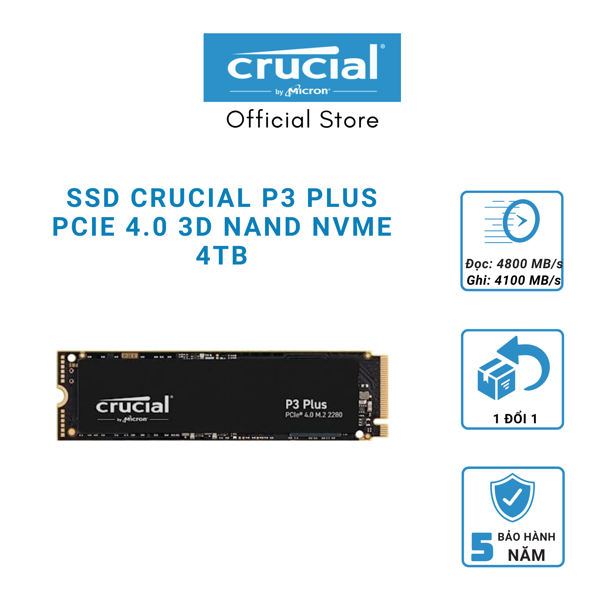 SSD CRUCIAL P3 Plus Gen 4 NVMe 4000GB - CT4000P3PSSD8 - Hàng chính hãng
