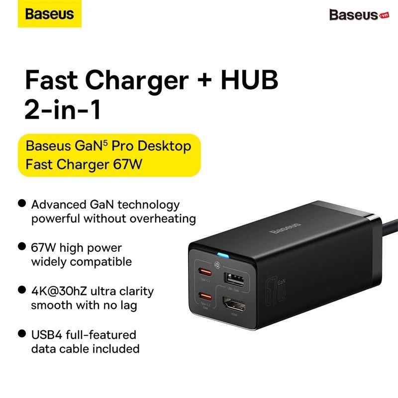 Củ Sạc Nhanh Kiêm Hub Mở Rộng Đa Năng 2 in 1 Baseus GaN5 Pro Desktop Fast Charger 1U+2C+HDMI 67W ( HDMI,Type C*2, USB*2 PD/ QC/ SCP/ FCP/ AFC/ PPS Quick Charger) - Hàng chính hãng