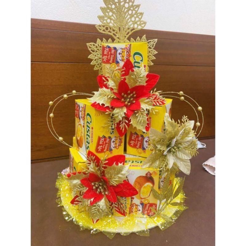 Sét 5 hoa trạng nguyên kim tuyến nhũ vàng đỏ size lớn 13cm trang trí cây thông noel vòng nguyệt quế tháp giỏ quà oản tài