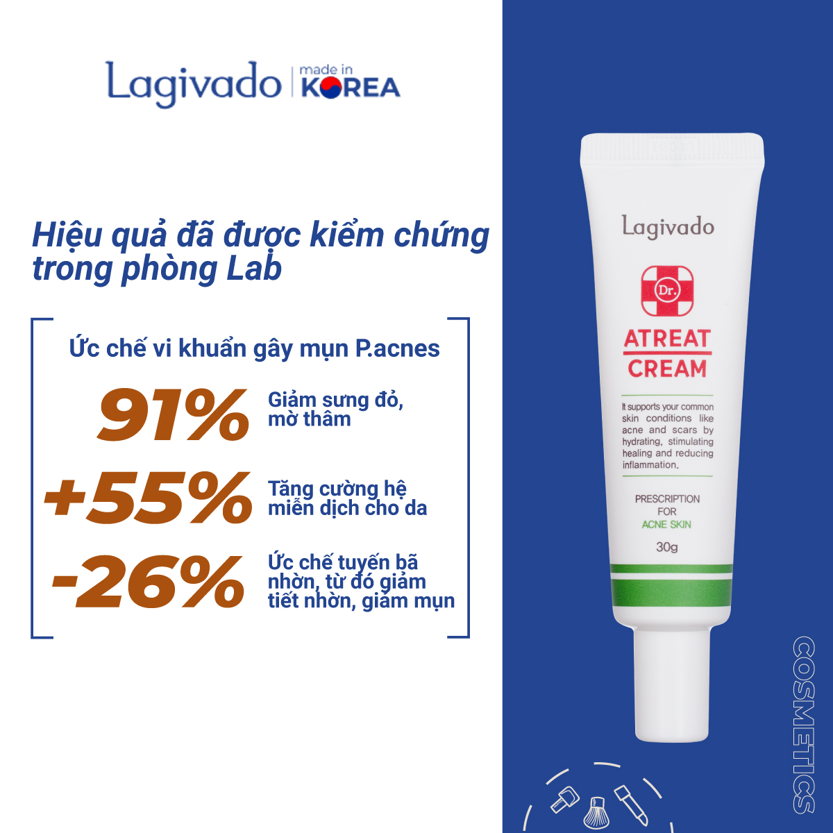 Bộ sản phẩm kem dưỡng ngừa mụn và tinh chất mờ thâm, sáng da, ngừa sẹo Hàn Quốc Quốc Lagivado Dr. Atreat Cream &amp; Serum 90ml