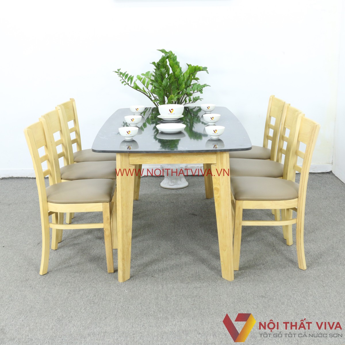 Bộ Bàn Ăn Cabin Mặt Đá Hoa Cương 6 Ghế Gỗ Cao Su Màu Vàng Đẹp Giá Rẻ