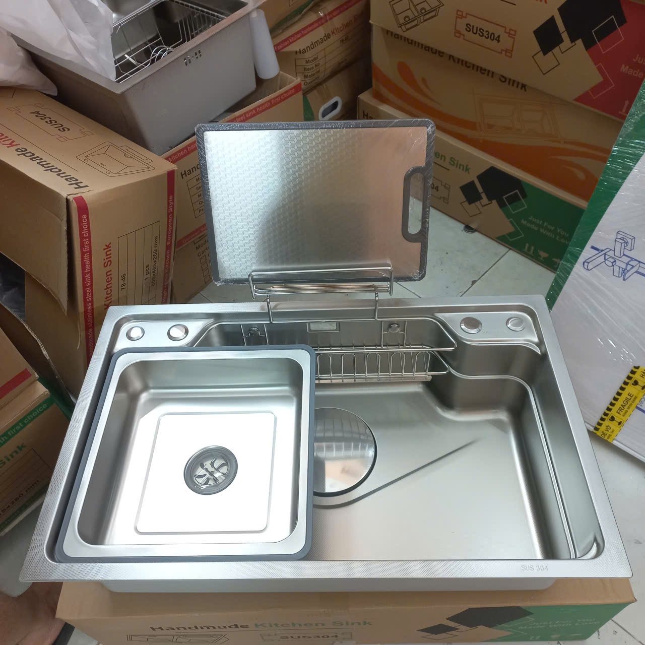 Chậu rửa bát 1 hố inox304 có giá cài thớt, vân linen chống xước 78x48cm thành dày 4li, khay inox, thớt inox, thoát nhanh ngăn mùi-Hàng chính hãng