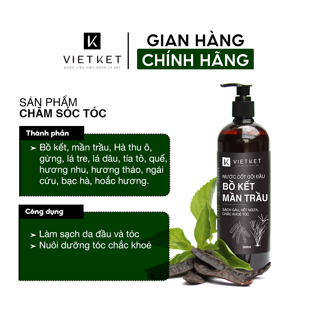 Nước cốt gội đầu Bồ kết mần trầu VIETKET 500ml - Sạch gàu, hết ngứa, chắc khoẻ tóc
