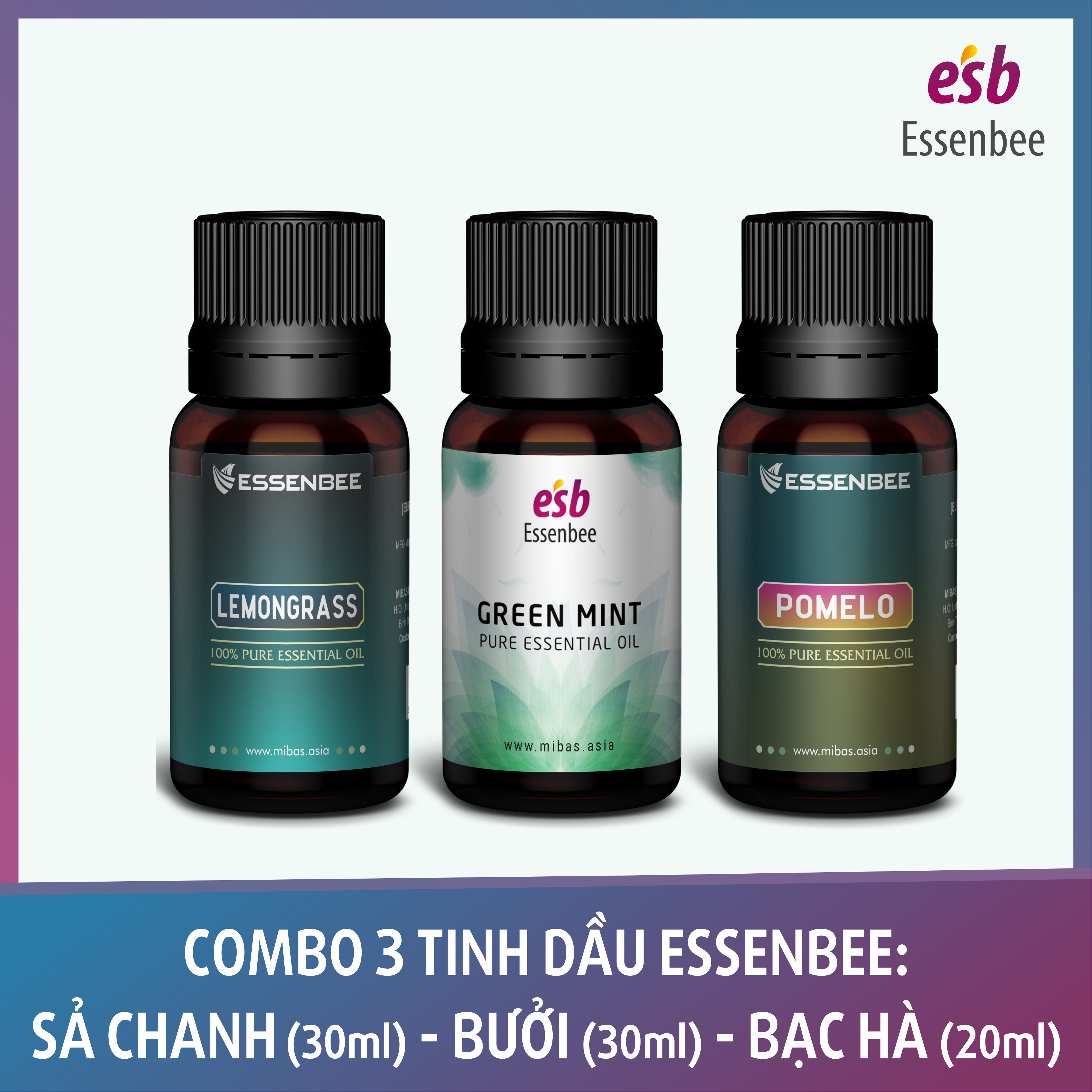 Combo 3 Tinh Dầu Essenbee: Tinh Dầu Sả Chanh (30ml) + Tinh Dầu Bưởi (30ml) + Tinh Dầu Bạc Hà Nguyên Chất (20ml)