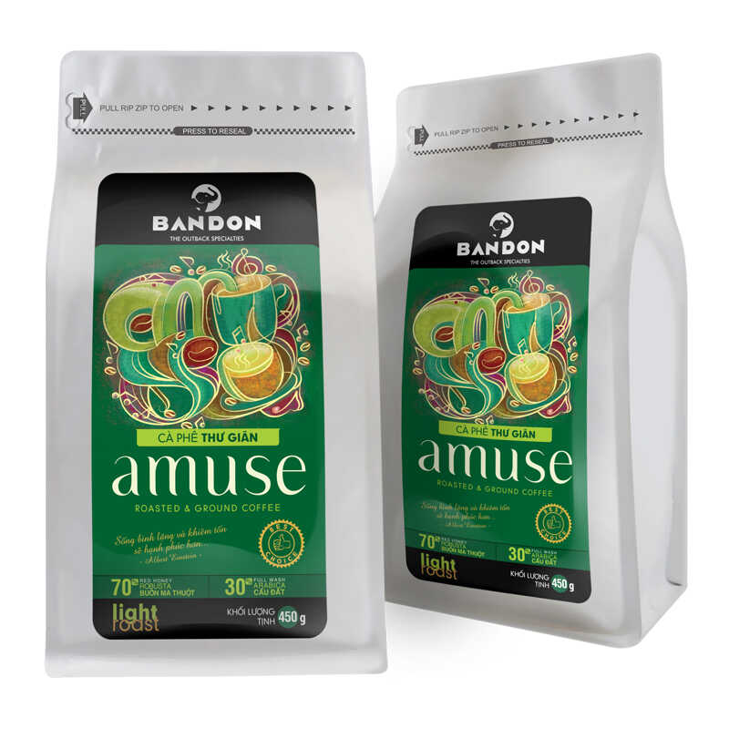 Cà phê phin Bandon AMUSE : Hương Arabica Cầu Đất full wash cùng vị đắng ngọt của Robusta Buôn Ma Thuột red honey khiến những phút giây THƯ GIÃN thêm “chất” hơn.