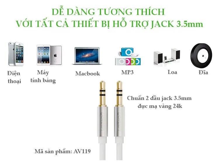 Ugreen UG10762AV119TK 0.5M màu Trắng Cáp âm thanh 2 đầu 3.5mm dương dây dẹt - HÀNG CHÍNH HÃNG