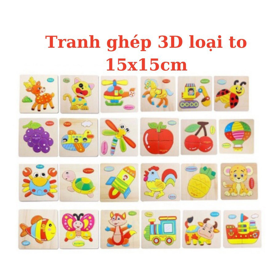 Bộ đồ chơi ghép hình 3D gỗ tranh với hình các con vật, xe cộ ngộ nghĩnh