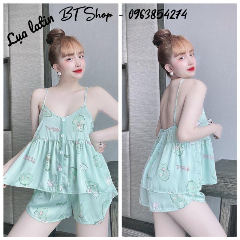 Đồ ngủ mặc nhà lụa latin 2 dây nút hoạ tiết freesize 42-57kg