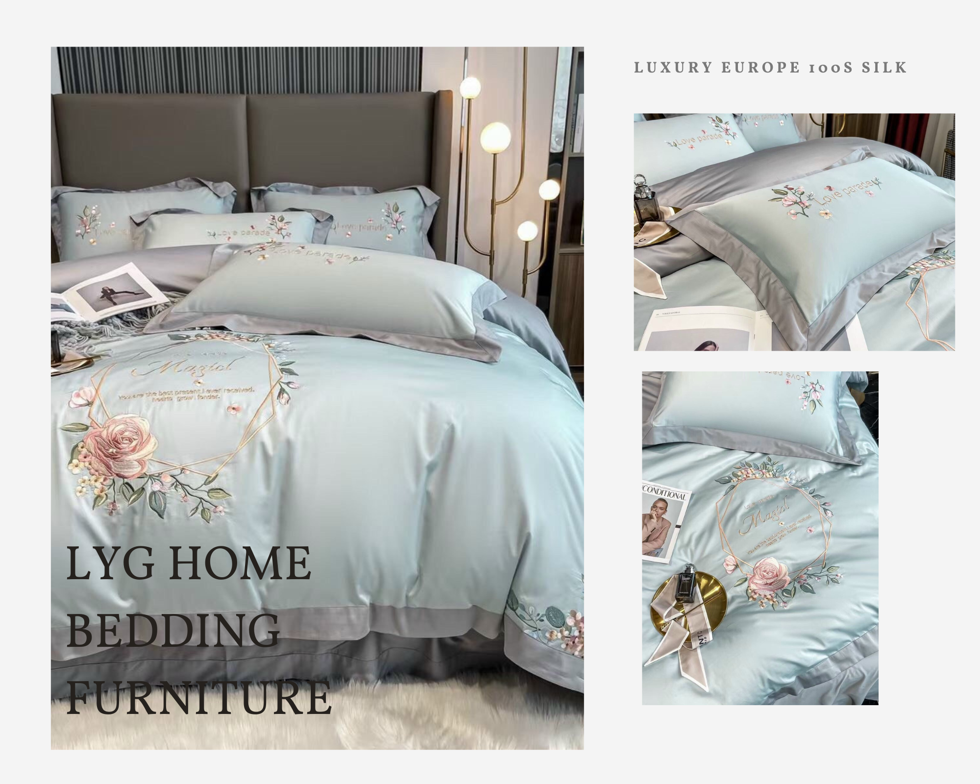 Set lụa 4 món cao cấp LYG Home Bedding Furniture mềm mịn tặng 02 ruột gối bông Micro