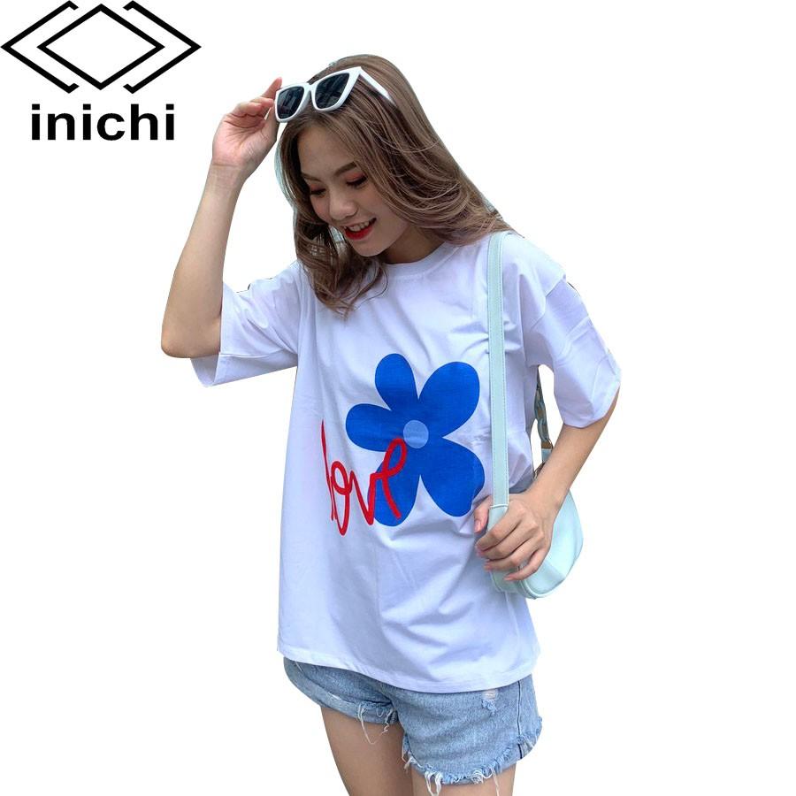 Áo thun unisex INICHI A578 tay lỡ form rộng hình in hình Love hoa 5 cánh