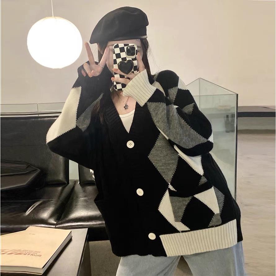 Áo khoác len cardigan nữ form rộng dáng dài dày dặn bigsize phối kẻ caro len thừng phong cách Ulzzang Hàn Quốc trẻ trung