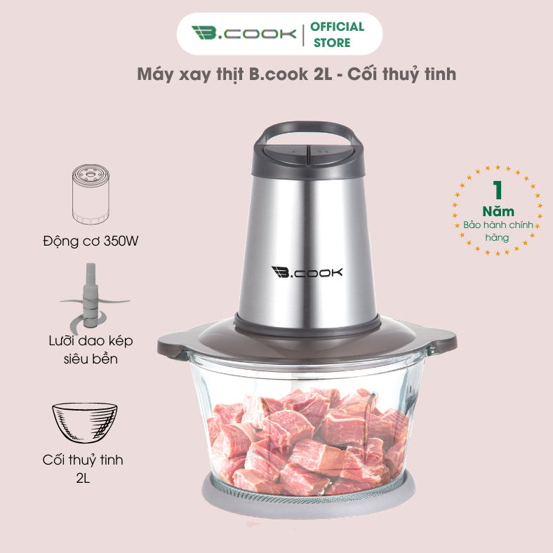 Máy xay thịt, cá, xay đa năng B.COOK 2 lưỡi dao kép cối thủy tinh - Hàng chính hãng